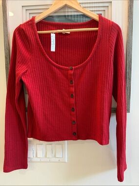 Madewell Red Ribbed Button-Front Long-Sleeve Top NWT L